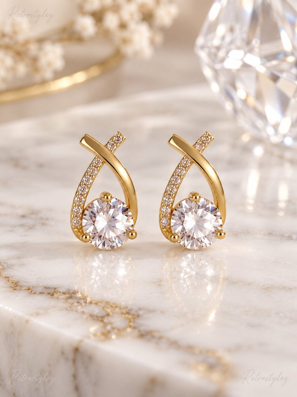 2ct Diamond 18K Gold Twisted Womens Earrings Soliatire Stud Style Ladies Jewelry - Picture 4 of 7